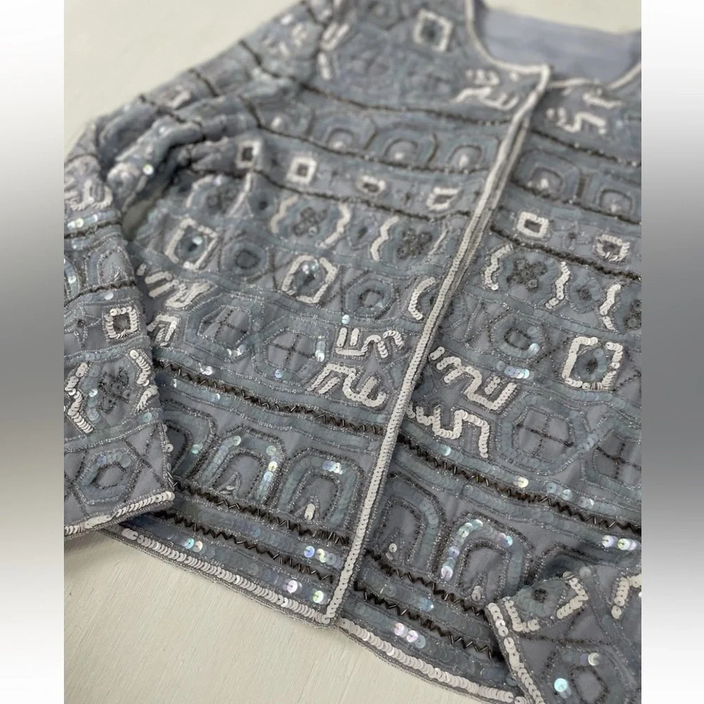 Vintage Beaded Evening wear ladies sequined jacket Coat Blazer Sky‎ Blue Amazing - Picture 14 of 16